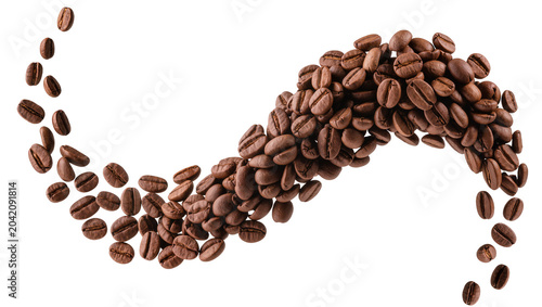 Bild auf Leinwand Roasted coffee beans spilling and falling in a curve