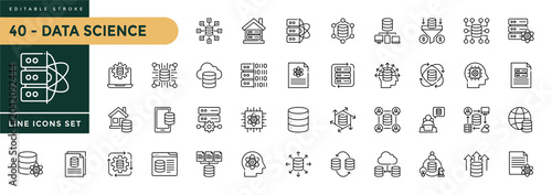 A collection of Data Science icons set with editable stroke, including statistics, machine learning, science, analytics, big data. Thin linear vector illustration.
