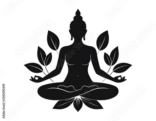 Serene Female Buddha Silhouette Meditating in Lotus Pose with Leaf Motifs on White Background