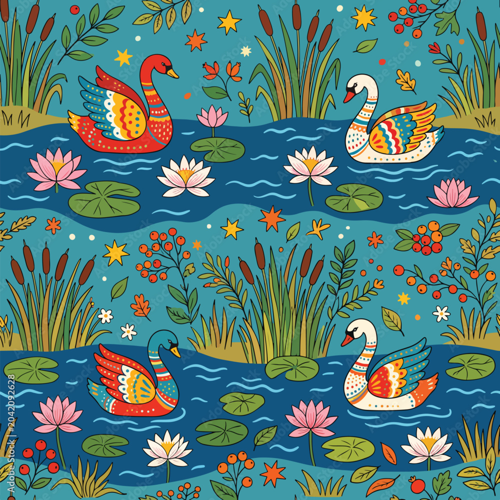 Obraz premium Vector Pattern of Swans and Water Lilies in Modern Folk Art Style with Bright Color Palette