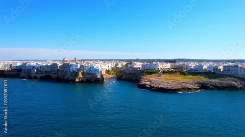 Polignano a Mare - Italy, Apulia - side aerial view along the rocky coast