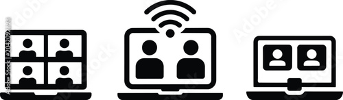 Video conference and online virtual meeting flat vector icon set