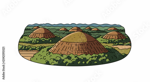 Stylized illustration of conical mounds amidst green foliage and a distant water body