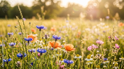 Vibrant wild flowers in an agriculture field representing nature inclusive farming practices.