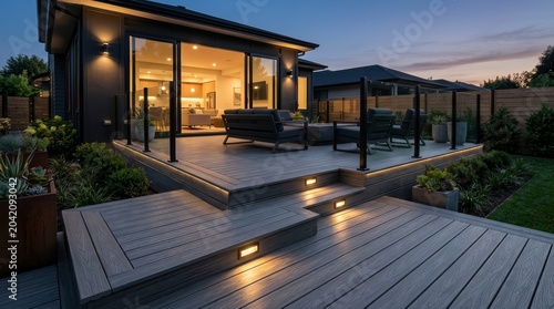 Landscape design featuring ash grey composite decking on two levels with integrated lighting.