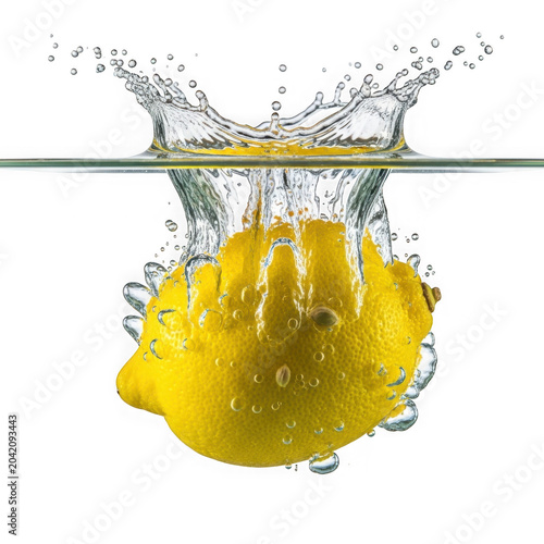 Vibrant yellow lemons in transparent glass bowl isolated on a transparent background citrus fruits