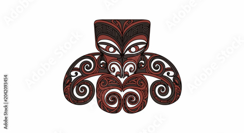 Stylized tribal mask with intricate swirls and patterns