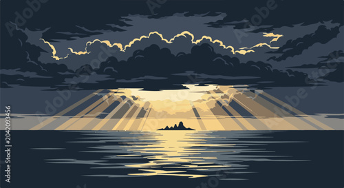 Sunbeams pierce dark clouds, illuminating a distant island and its reflection