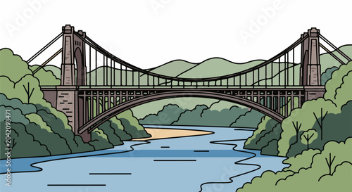 Suspension bridge spans a wide river, surrounded by lush green trees and rolling hills