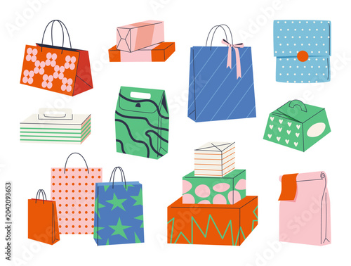 Modern Gift Packaging and Shopping Bag Illustrations