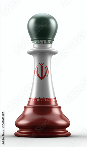 Pieza de ajedrez con bandera de Irán sobre fondo blanco