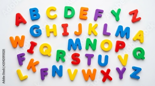 Educational alphabet magnets in bright colors lying on a white background.