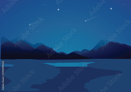 Beautiful night landscape illustration featuring layered mountain silhouettes, a serene lake reflection, glowing stars, and shooting meteors under a deep blue sky. Perfect for travel, nature.
