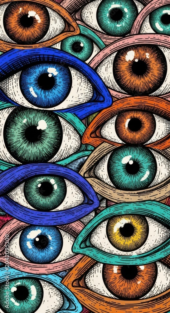 Fototapeta premium Colorful Engraved Eyes Creating Abstract Watchful Pattern