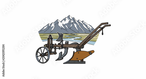 Vintage plow against a mountainous river landscape