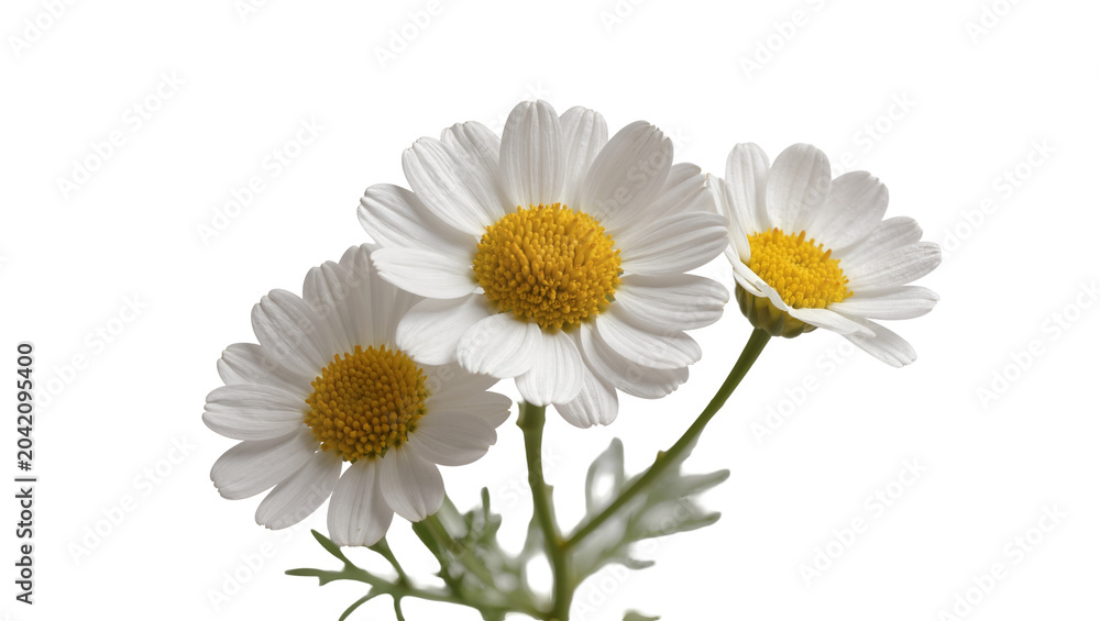 Obraz premium Three white daisies with yellow centers on green stems