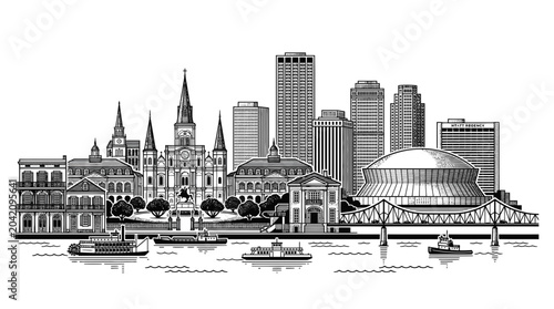 New Orleans Skyline Illustration with Mississippi River and Steamboats