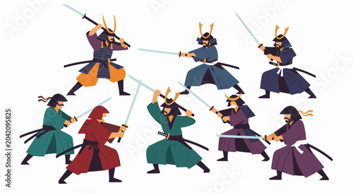 Warriors in traditional Japanese armor engage in a stylized sword fight