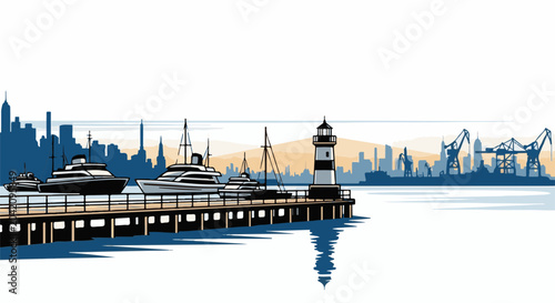 Waterfront skyline with boats, lighthouse, and industrial cranes