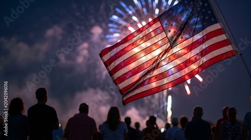 Crowd watching fireworks display with American flag in foreground  
