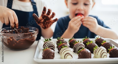 Young children making chocolate-covered strawberries in messy kitchen fun