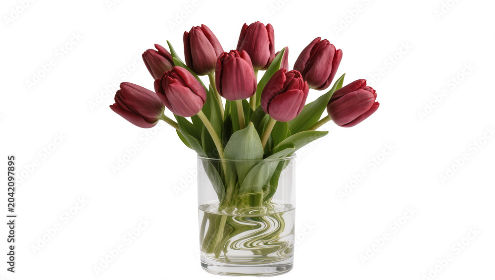 Fototapeta premium Deep red tulips bouquet in clear glass vase with water