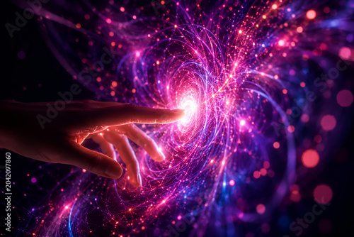 Human finger reaches toward a swirling cosmic vortex of brilliant neon lights and glowing particles that represent the infinite mysteries of quantum physics and deep space exploration in science.