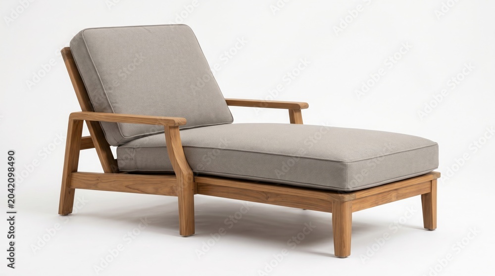Fototapeta premium Modern wooden chair with gray cushions and armrests on white background for interior design and furniture concepts