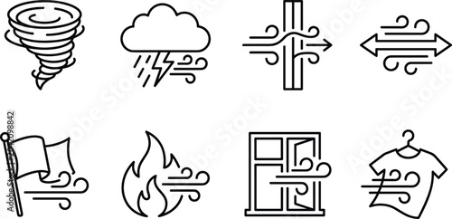 Foto Weather and climate line icons set featuring storm tornado wind rain fire and climate related weather symbols