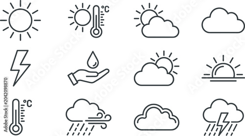 Obraz na plátne Weather icon set featuring various climate conditions and atmospheric phenomena in clean linear line art style