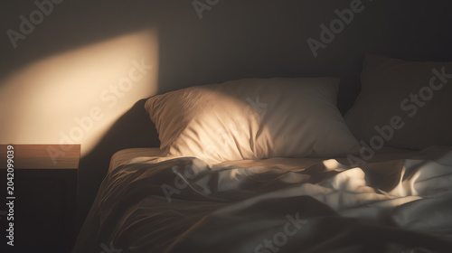 A cozy, softly lit bedroom with rumpled sheets and fluffy pillows, perfect for relaxation and comfort.