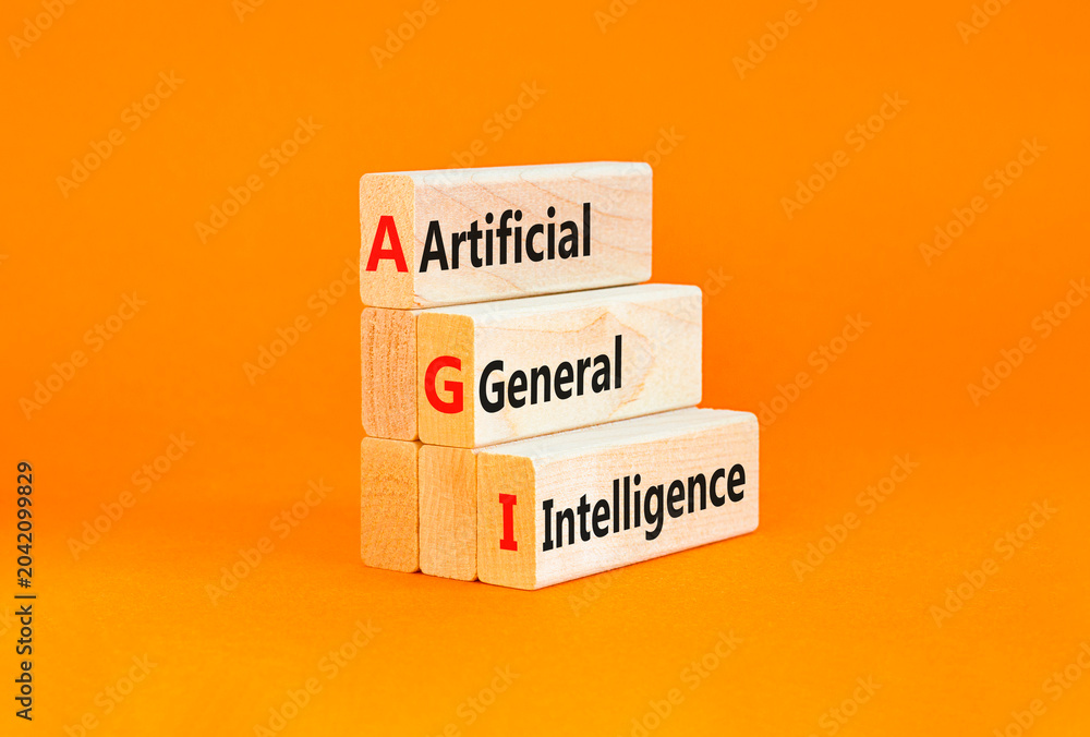 Naklejka premium AGI artificial general intelligence symbol. Concept words AGI artificial general intelligence on beautiful wooden blocks. Beautiful orange background. Business AGI general concept. Copy space.