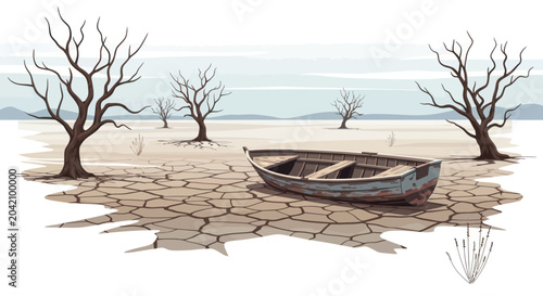 Bild auf Leinwand Small wooden boat on dry cracked earth.