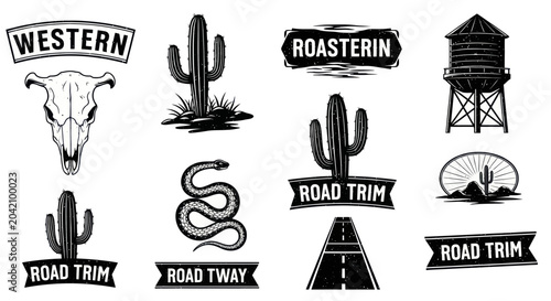 Canvastavla Western road trip desert icons set.