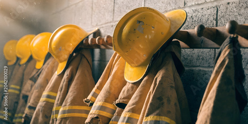 Row of yellow firefighter helmets and protective jackets hanging on wall in station garage.