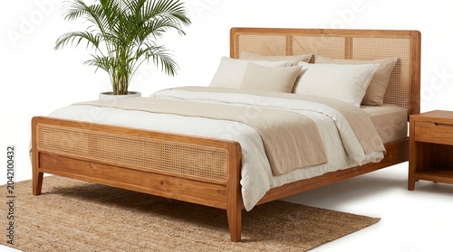 Modern wooden bed with wicker headboard and nightstand on jute rug with palm plant