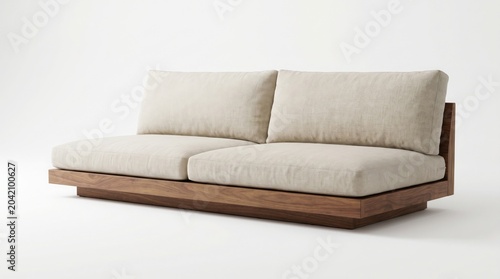 Modern minimalist wooden sofa with beige cushions in a clean white background for interior design and furniture advertising