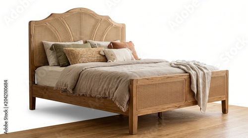 Rattan Bed Frame with Comfortable Pillows and Blanket on Wooden Floor in Modern Bedroom Setting with High Quality New Trending Furniture