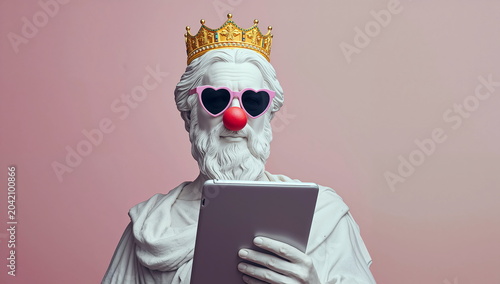Statue of a king wearing clown glasses and a crown using a tablet against a pink background