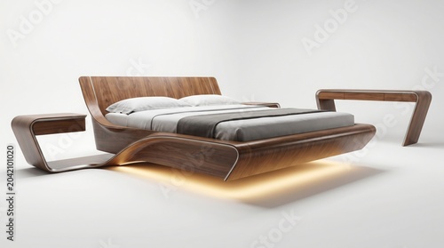 Modern wooden bed with ambient lighting and sleek design elements in a minimalist room setting