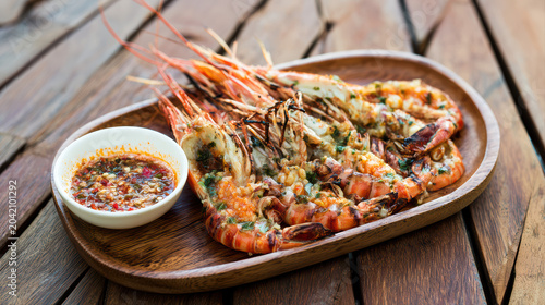 high fidelity food photography of thai grilled river prawns