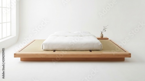 Trendy minimalist Japanese tatami bed with white bedding and natural decor in a bright room