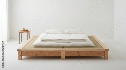 Serene minimalist bedroom with tatami bed and wooden table