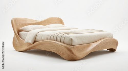 Modern wooden bed with white bedding and pillows on a plain background for interior design and furniture concepts