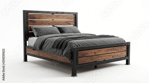 Modern black metal and wood bed frame with gray bedding and pillows on white background for interior design and furniture advertising