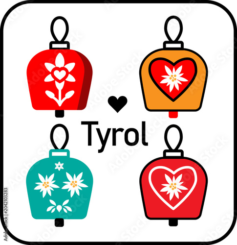Alpine cowbell vector icons set with edelweiss and heart ornaments