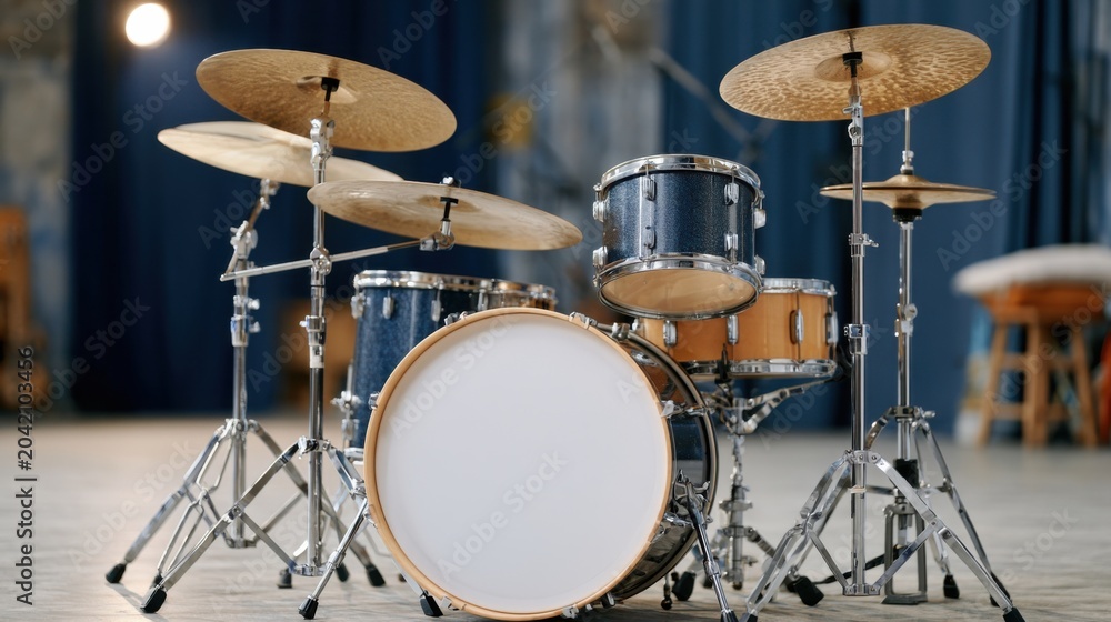 Fototapeta premium Drum set with cymbals and snare, featuring a bass drum with a blank white head, positioned in a spacious music studio with blue curtains in the background