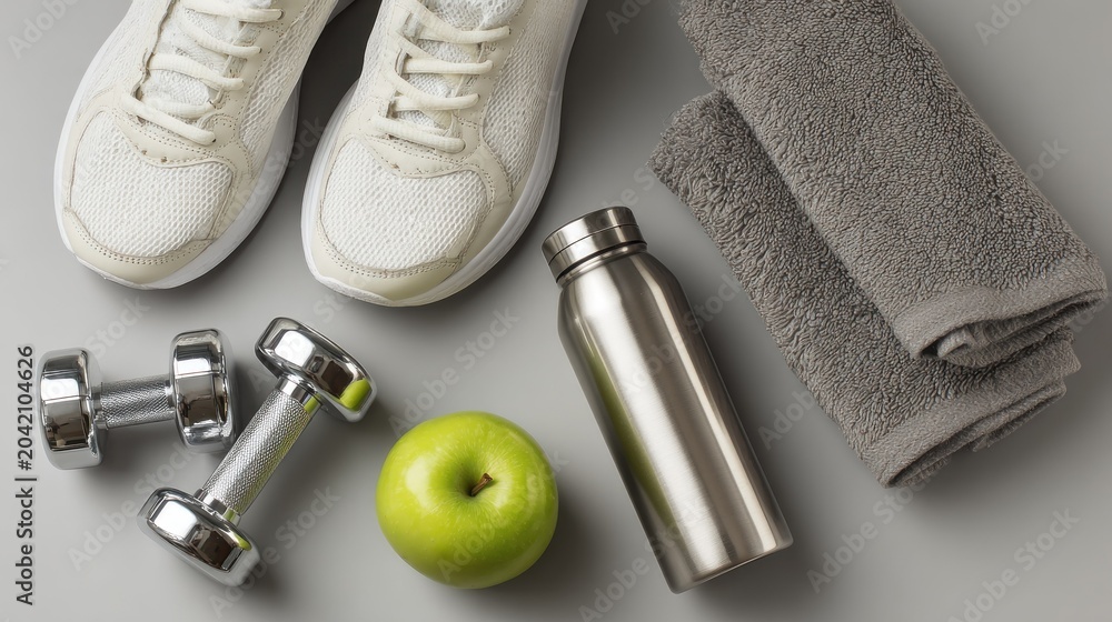Essential fitness and wellness equipment is neatly arranged on a neutral surface.