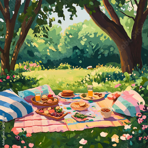 A picnic in the park with colorful blankets, snacks, and laughter