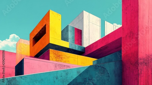 Abstract colorful urban architecture, vibrant geometric shapes, light sky background, digital art, architectural concept, possible use wallpaper, poster design